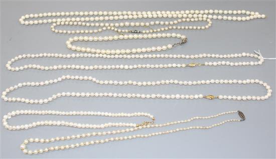 Seven assorted single strand cultured pearl necklaces, three with 925 clasps, two with 935 or 835 clasps and two others